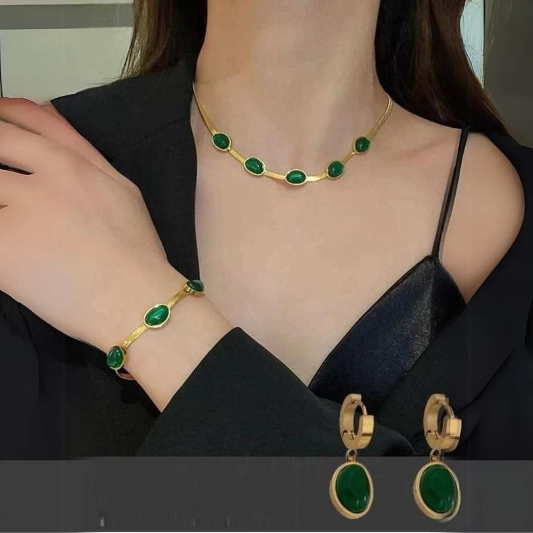 Oval Green Crystal Pendant Necklace Set