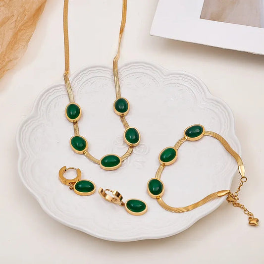 Oval Green Crystal Pendant Necklace Set