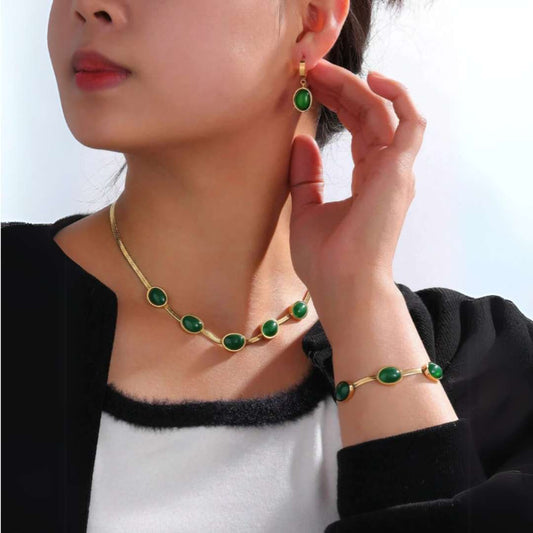 Oval Green Crystal Pendant Necklace Set